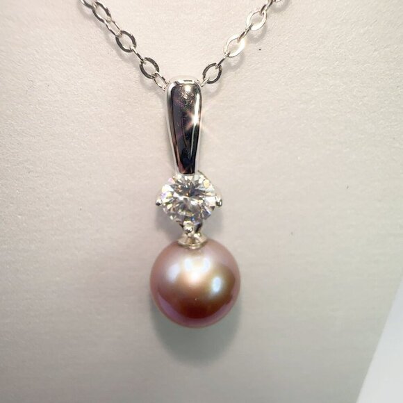 Pink Pearl & Moissanite Necklace 925 Sterling Silver Elegant Jewelry - Picture 7 of 16